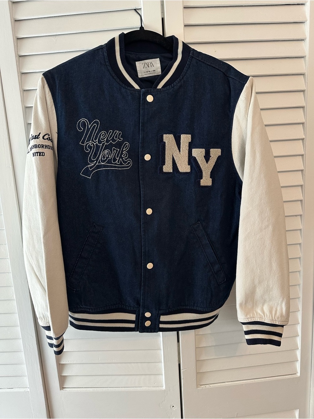 Zara Navy and Cream denim NY Varsity Jacket Boys 13-14 NWOT